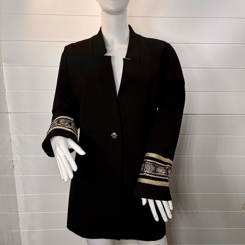 Chicos Blazer Jacket Sz 1/medium Womens Black Ponte Cuff Detail Gold Embroidered